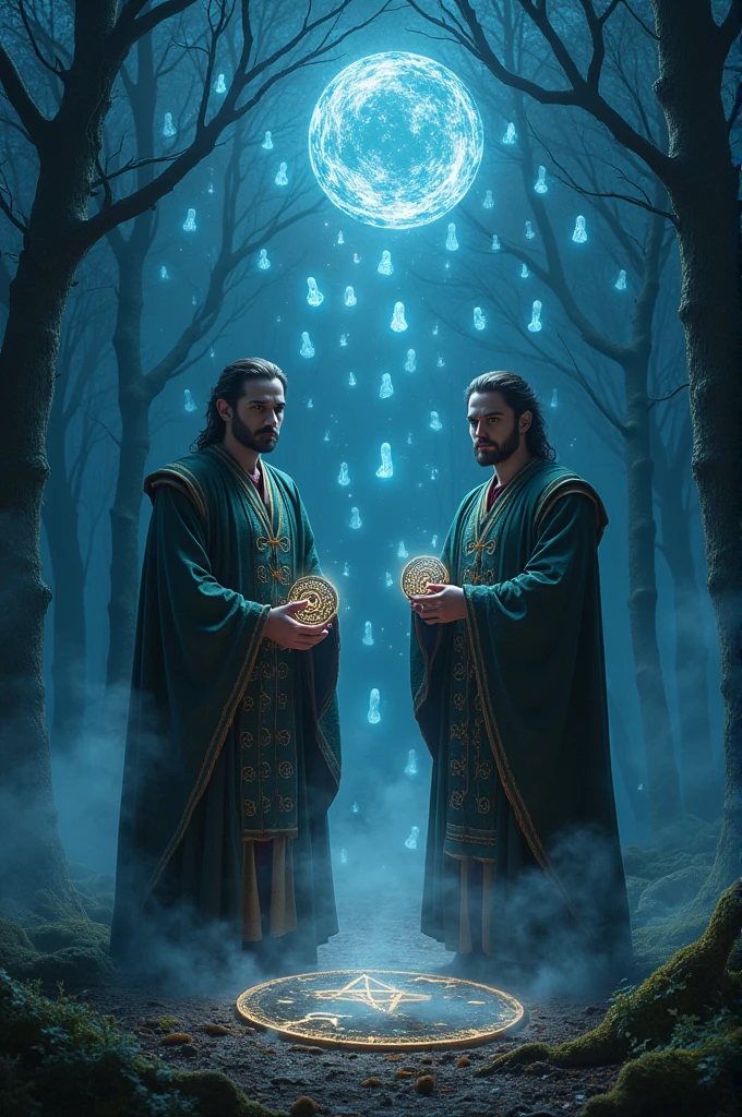 two men with amulets stand in a circle of symbols surrounded by ghosts