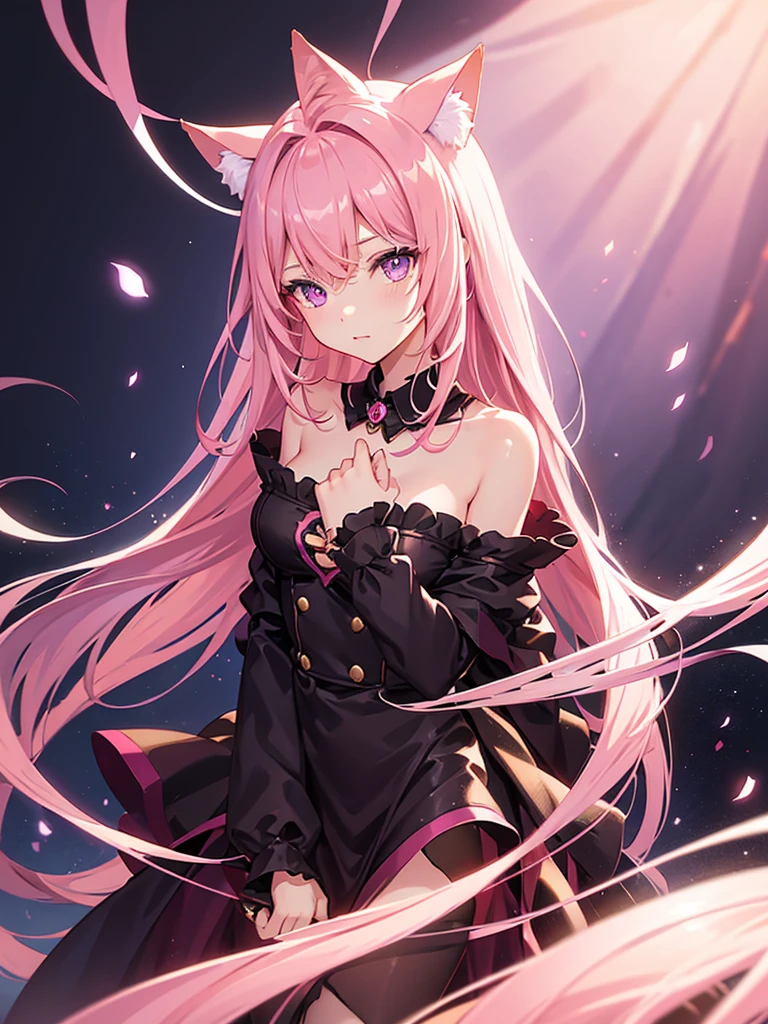 a young girl, cat girl, long pink hair, purple eyes, long cat ears, large and long pink tail, beautiful detailed eyes, soft lighting, warm color palette, cinematic composition, dramatic lighting, , professional, physically-based rendering, sharp focus, vivid colors, Queen's outfit