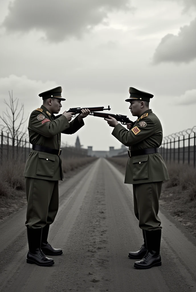 Un militaire nord-coréen braque son arme sur un autre militaire nord-coréen dessin noir et blanc