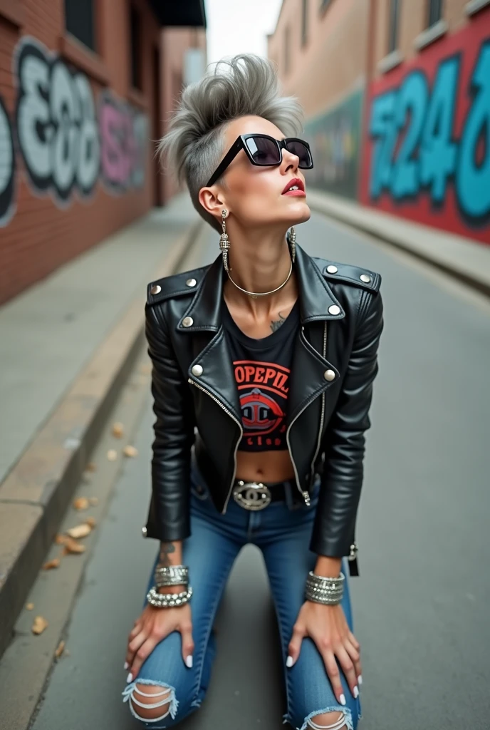 russian old milf woman, grey hair (pompadour, ponytail, shaved sides), wearing oversized square sunglasses hanging from the neckline of her t-shirt,, with very light blue eyes, extremely pale. Wearing cropped black moto jacket (padded shoulders) with lots of zippers and badges on jacket flaps, cropped t-shirt with big motorcycle club logo, dark blue jeans with holes and pointy Chelsea boots with cuban heels . Silicone breasts. Lots of metallic bracelets, long pendants and lots of collars. Tacky leather belt with oversized chanel buckle. Long earrings. Kneeling, looking at the camera, legs spread, tilted head, eyes and mouth wide open in amazement. Hands fixing her hair, toned abdominals, thin legs and thin arms. Tattoed chest, hands, belly and arms. Realistic