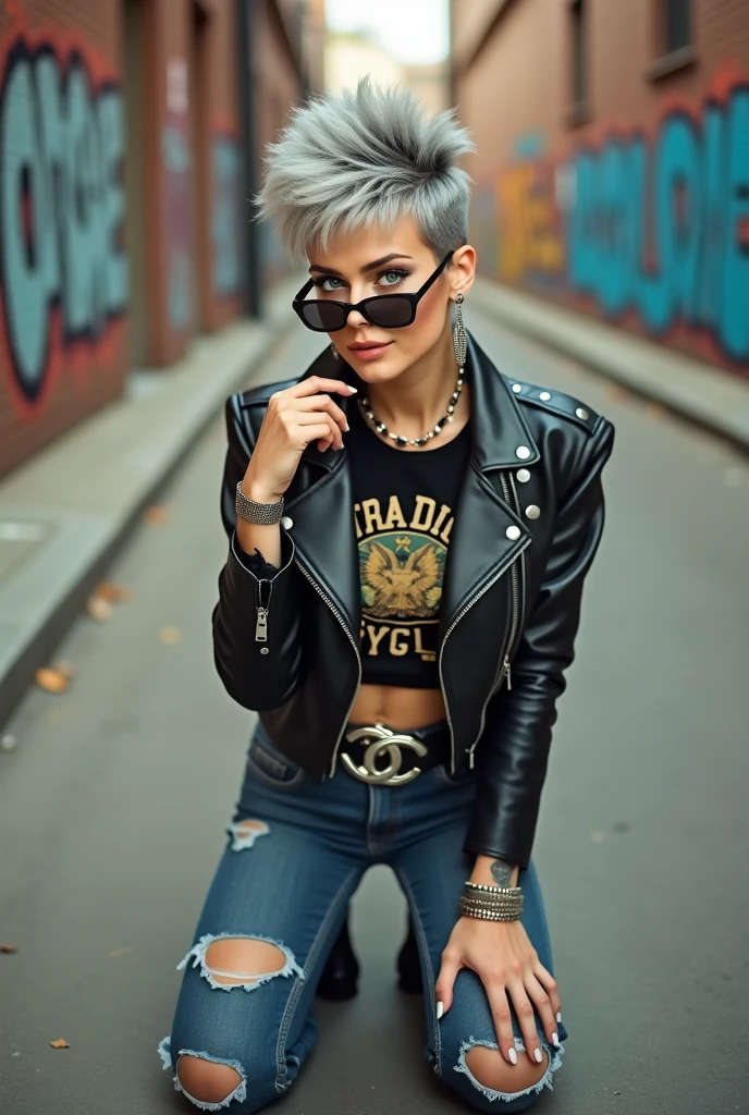 russian old milf woman, grey hair (pompadour, ponytail, shaved sides), wearing oversized square sunglasses hanging from the neckline of her t-shirt,, with very light blue eyes, extremely pale. Wearing cropped black moto jacket (padded shoulders) with lots of zippers and badges on jacket flaps, cropped t-shirt with big motorcycle club logo, dark blue jeans with holes and pointy Chelsea boots with cuban heels . Silicone breasts. Lots of metallic bracelets, long pendants and lots of collars. Tacky leather belt with oversized chanel buckle. Long earrings. Kneeling, looking at the camera, legs spread, tilted head, eyes and mouth wide open in amazement. Hands fixing her hair, toned abdominals, thin legs and thin arms. Tattoed chest, hands, belly and arms. Realistic