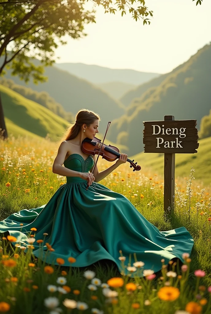 The royal princess is playing the violin in a green and wide meadow surrounded by beautiful hills and there is a sign for Dieng Park.