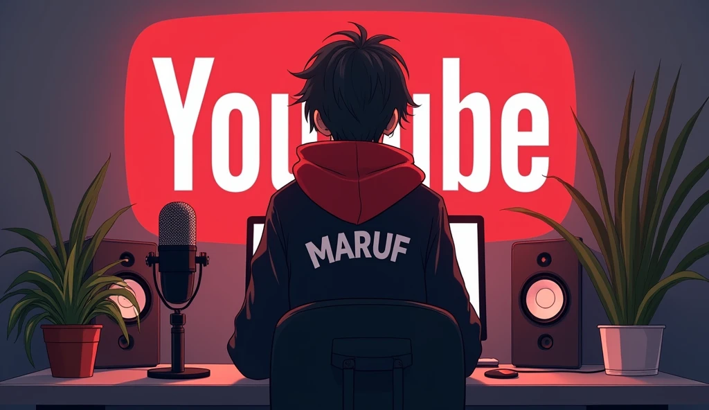 A 18 years anime boy , sitting in front of a computer desk with a microphone and laptop, wearing black and red hoodie with the Channel Name on it "MARUF", The background includes a large YouTube logo on the wall, potted plants on either side, and various recording equipment.
