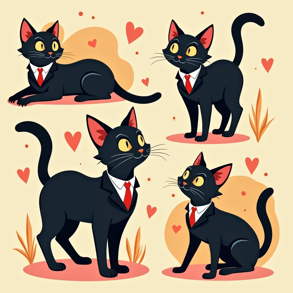 Black cat with body in black suit with red tie, digital art style and cartoon make it in various positions