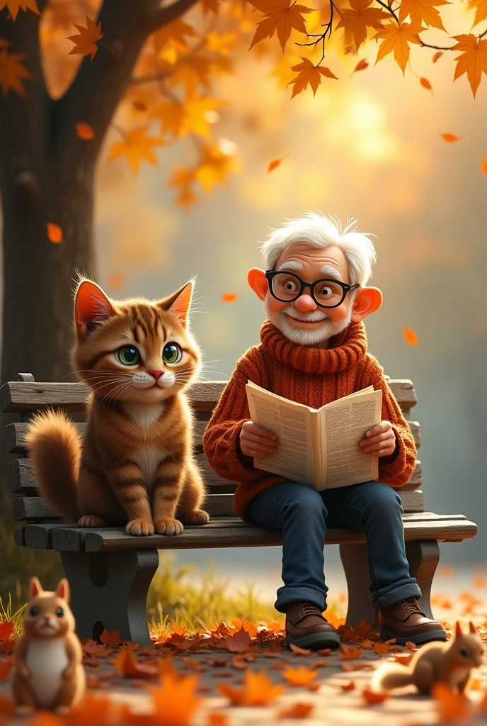 Cat sitting on a park bench reading a newspaper next to a man with a cell phone in his hand