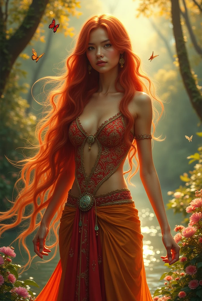 draw a beautiful kodel woman with red hair and thin waist
