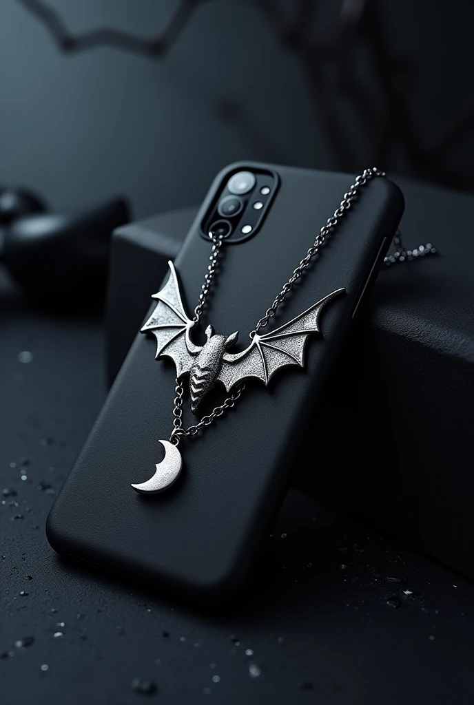 Black phone case with 3d silver bat, silver moon pendant and a silver chain passing through the middle going from the top right tip of the case to the bottom left tip of the 3D cell phone cover a25 samsung