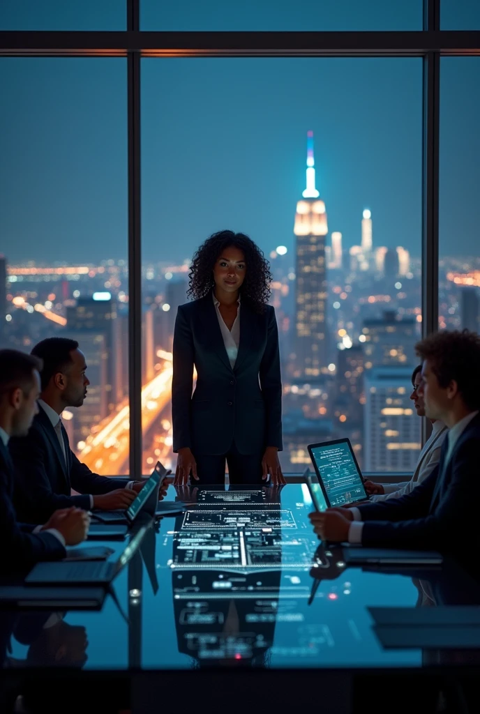 
Cover Concept:

setting: A corporate office with a panoramic view of new york city, dark lighting with,  A powerful image of black women leading a team through complex logistics scenarios, 

convey strength and leadership.