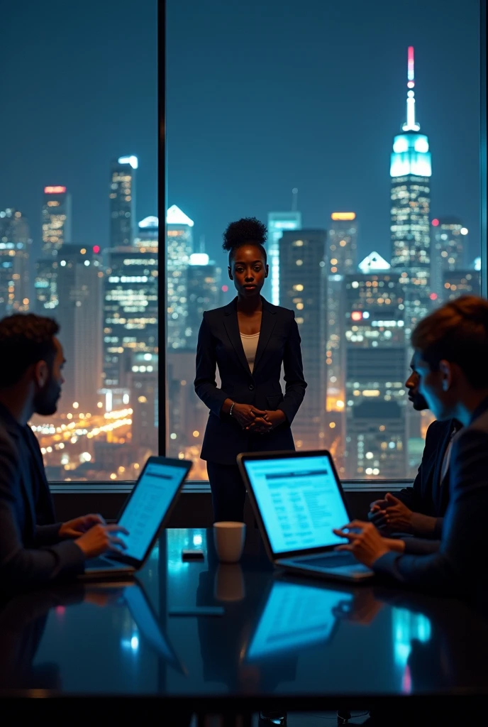 Cover Concept:
setting: A corporate office with a panoramic view of new york city, dark lighting with, A powerful image of black women leading a team through complex logistics scenarios,
convey strength and leadership.