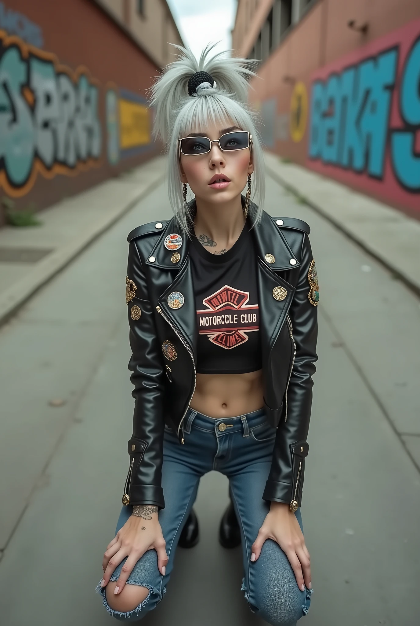 russian old milf woman, grey hair (bump, ponytail, shaved sides), wearing oversized square sunglasses hanging from the neckline of her t-shirt,, with very light blue eyes, extremely pale. Wearing cropped black moto jacket (padded shoulders) with lots of zippers and badges on jacket flaps, cropped t-shirt with big motorcycle club logo, dark blue jeans with holes and pointy Chelsea boots with cuban heels . Silicone breasts. Lots of metallic bracelets, long pendants and lots of collars. Tacky leather belt with oversized chanel buckle. Long earrings. Kneeling, looking at the camera, legs spread, tilted head, eyes and mouth wide open in amazement. Hands fixing her hair, toned abdominals, thin legs and thin arms. Tattoed chest, hands, belly and arms.