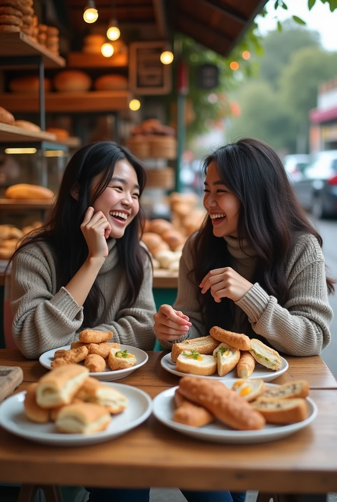 there are two women sitting at a table with a variety of sandwiches, food stall, fresh bakeries in the background, mmmmm, presenting wares, ready to eat, taken with sony alpha 9, potrait, foto, on a cloudy day, help me, photo portrait, captured on iphone, having a snack, picnic, semi realism, by Basuki Abdullah