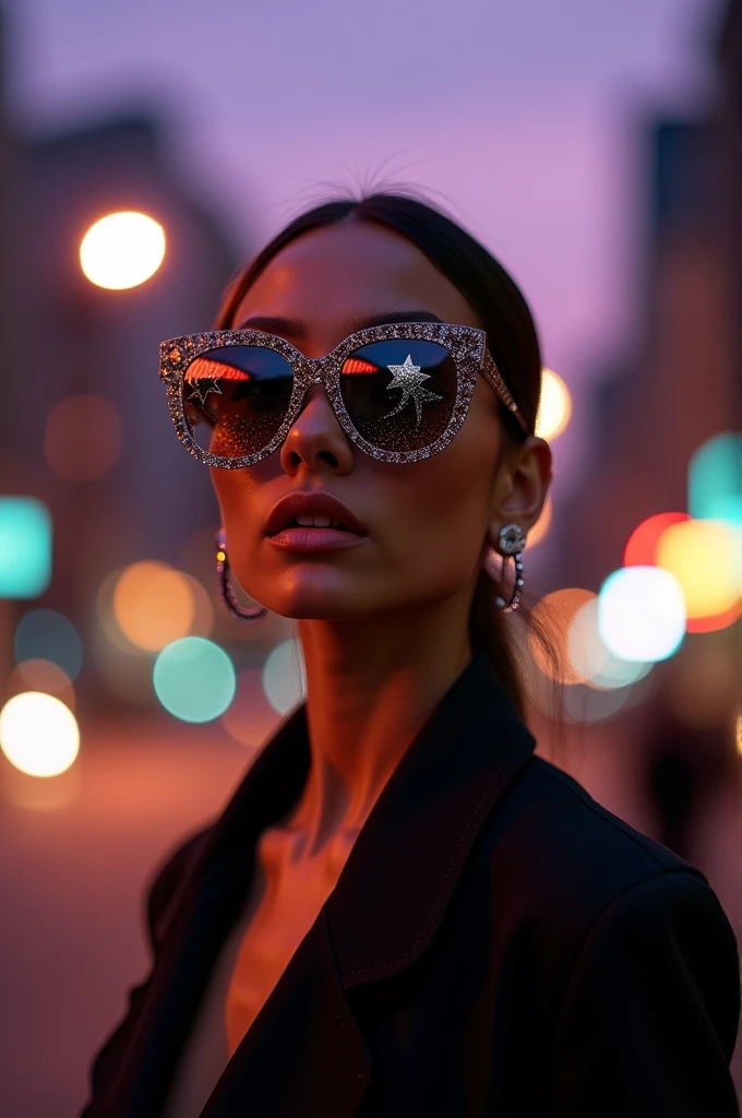 The model is wearing glass sunglasses with stars and the moon on the glass