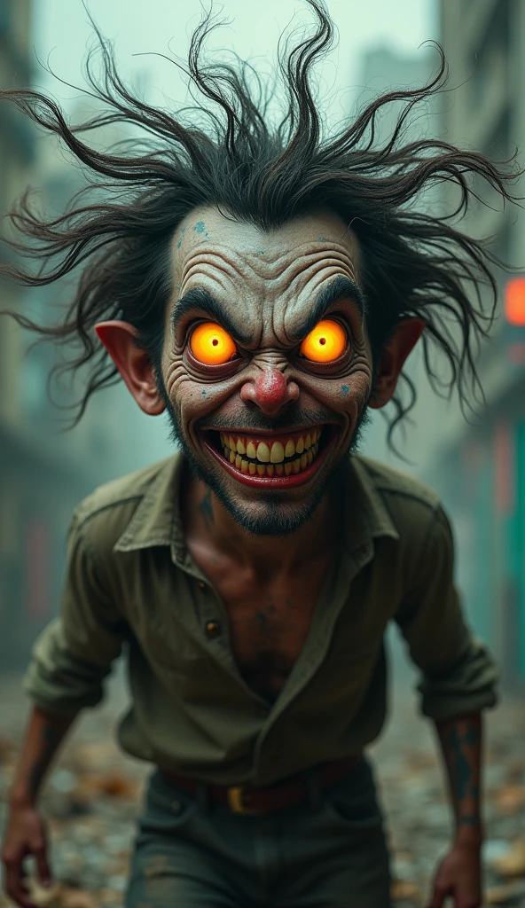 A psycho man, crazy look, full body, 2D anime style, detailed face, detailed, focus on face, HD, 8k quality, glowing character, blurry background, (( no adult content ))