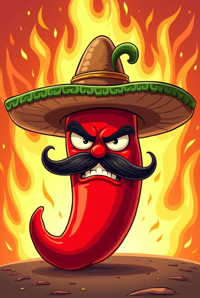 Angry red chili with a mustache and a Mexican hat with a rubber band around it with flames in the back in a cartoon drawing