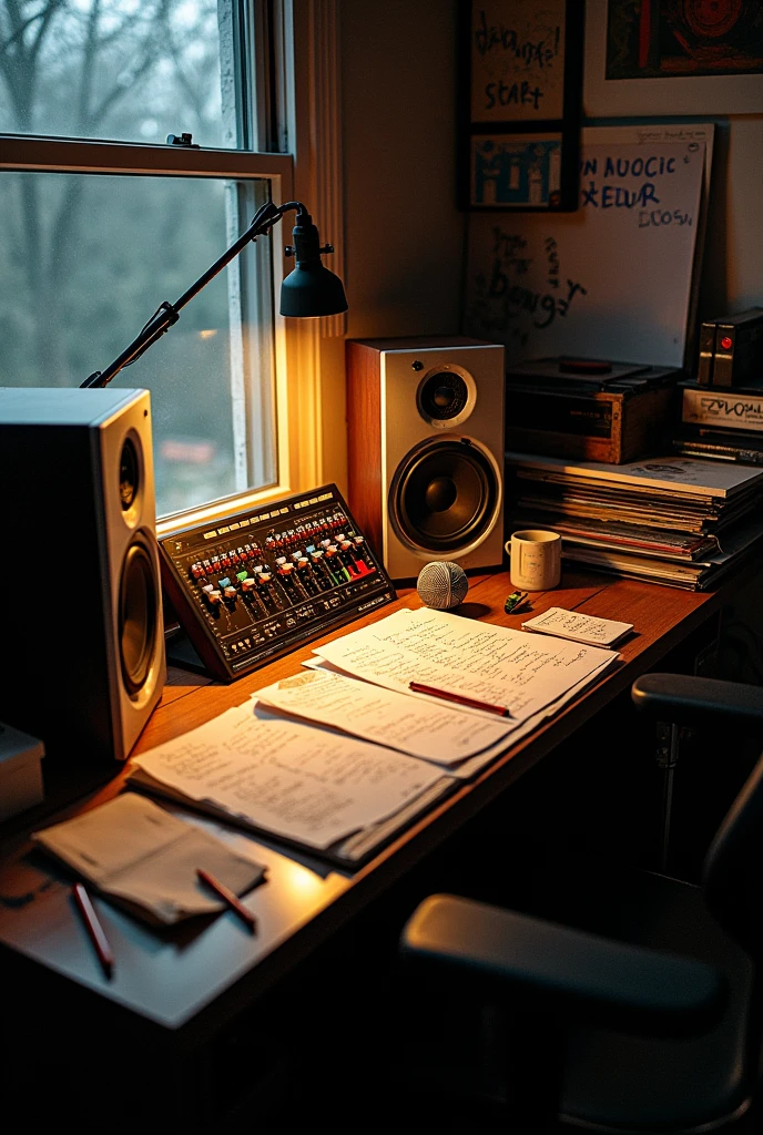 desk with loose sheets and writings, a pencil on the side, the room is dark, two sound monitors, There is also a small console for mixing sound and a microphone., somewhere it says Mad Red You can see vinyl records somewhere and cassettes