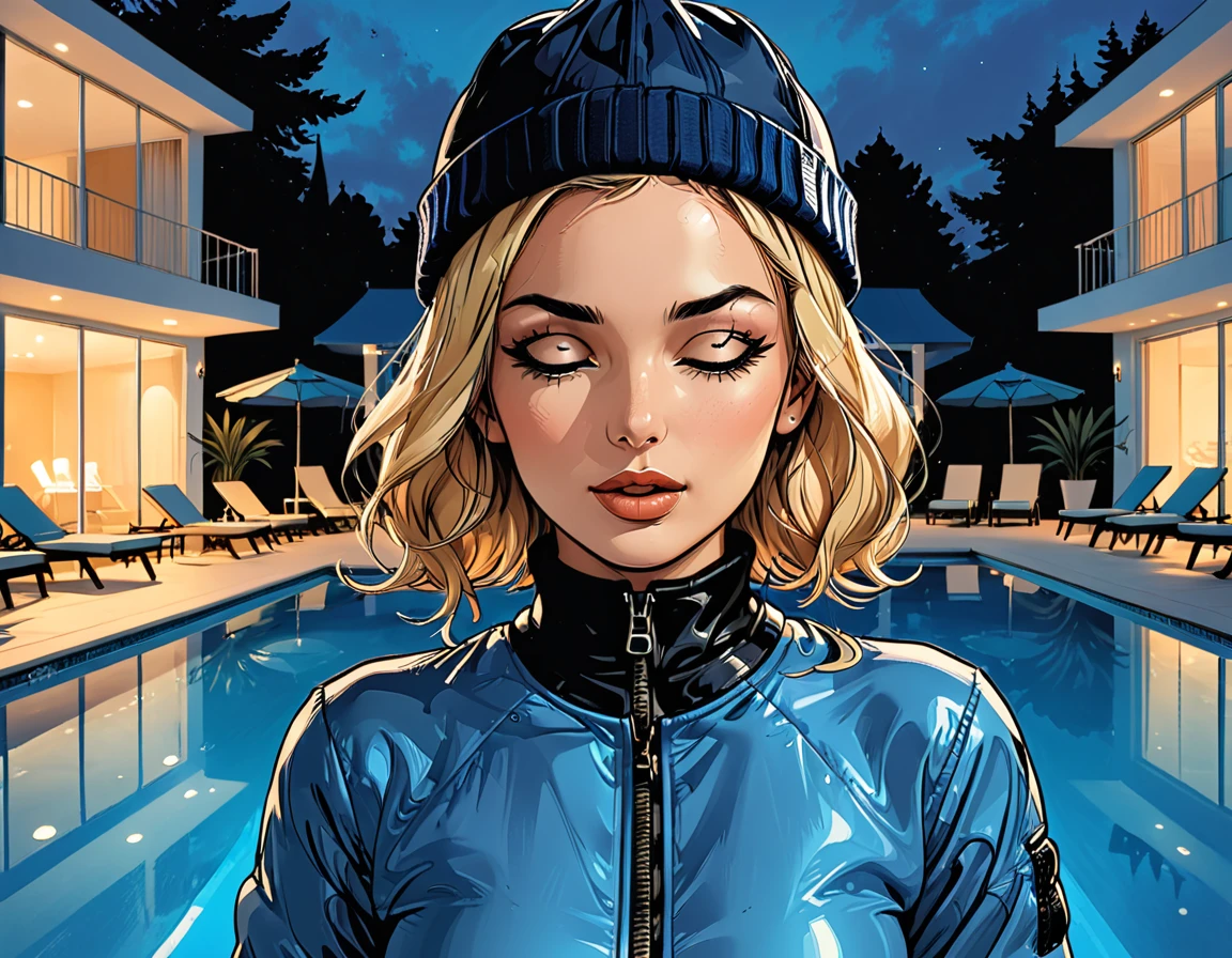 closed eyes, ((open mouth)), (fullbody), night,palm, close-up portrait ((girl in Blue zipped up down winter jacket and black turtleneck )) and (jeans) and blue gloves and (((blue winter hat)))) in a lotus pose next to the pool at the white hotel with open mouth, white hotel, pool,  adult, [Nordic], Hourglass elongated fitness body, perfect Olive skin, Oval Face, Long neck, Rounded shoulders, perfect hand, Attached Pointed ears, round forehead, (Short blonde Waves pixie hair), snub nose, Arched eyebrows, ((closed Eyes)), High Round Narrow cheekbones, Dimpled Cheeks, Rounded Chin, Rounded Jawline, Full nude Lips, (closed eyes), Nude Makeup Look, long eyelashes,  graphic style of novel comics, perfect hands, 2d, 8k, hyperrealism, masterpiece, high resolution, best quality, ultra-detailed, super realistic, Hyperrealistic art, high-quality, ultra high res, highest detailed, lot of details, Extremely high-resolution details, incredibly lifelike, colourful, soft cinematic light,