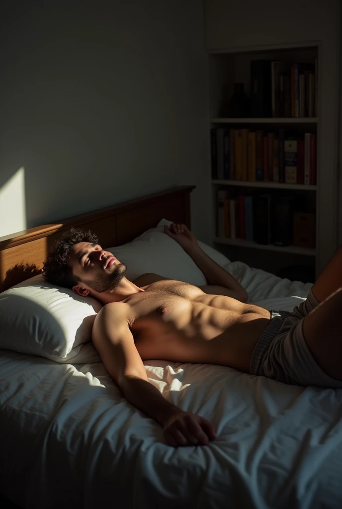 A man in his room lies down on his bed, takes off his clothes, starts masturbating, takes off his shorts and is left naked