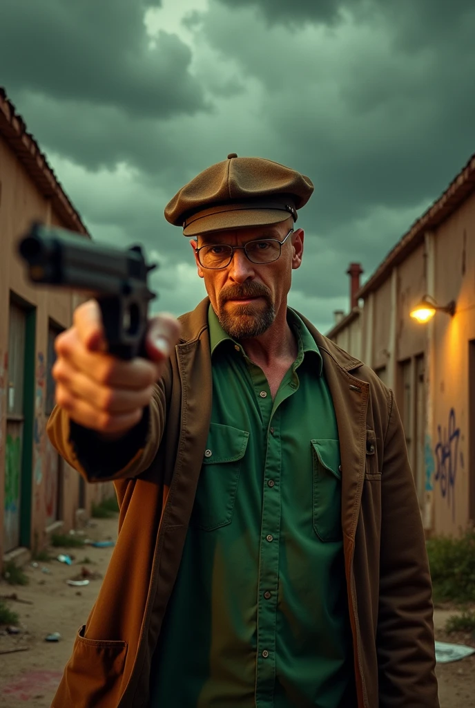 Walter White in breaking Bad shooting 
CaseOh
 A brown beret on his head