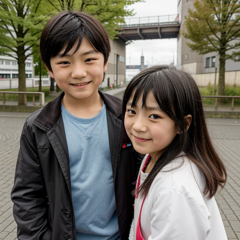 7-year-old Japanese boy and 10-year-old Japanese girl in Magdeburg, Germany, on the Elbpromenade smile. 