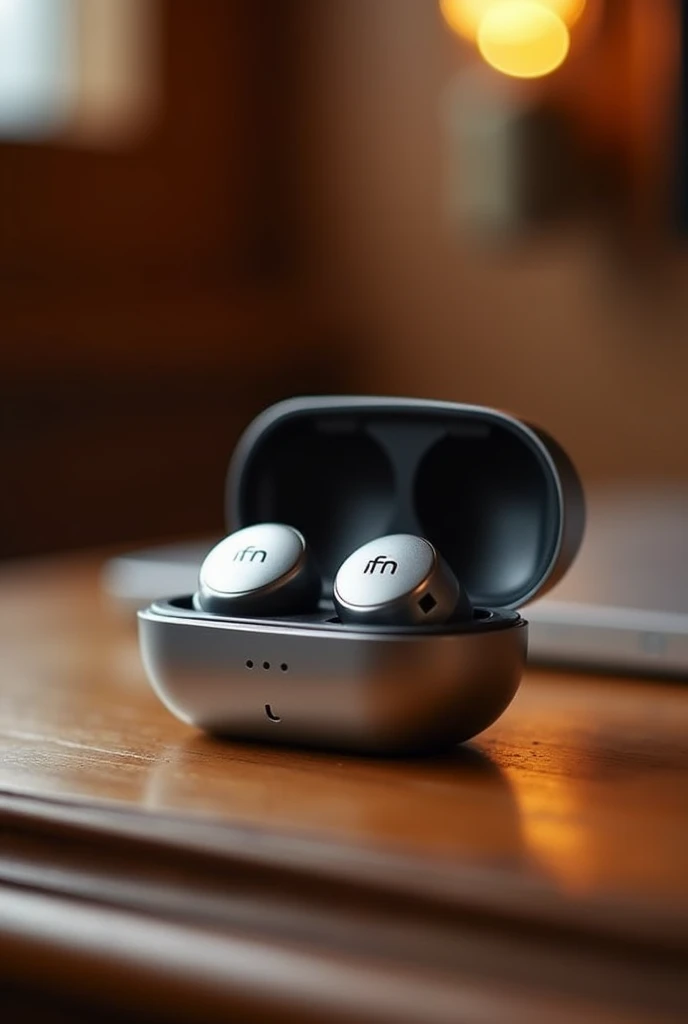 A small silver bluetooth headset with charging case, with the letters (fn) printed in black and white