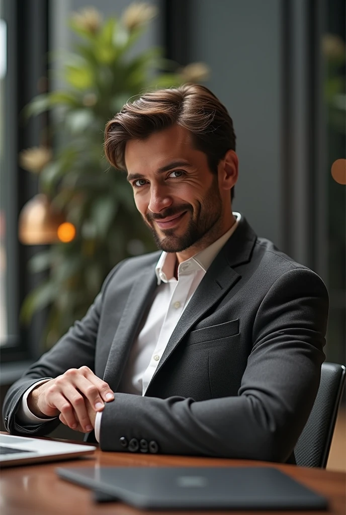 Create a male person, with beard , with dark green eyes , in formal wear for a marketing company, looking forward and smiling in an office room working on MacBook