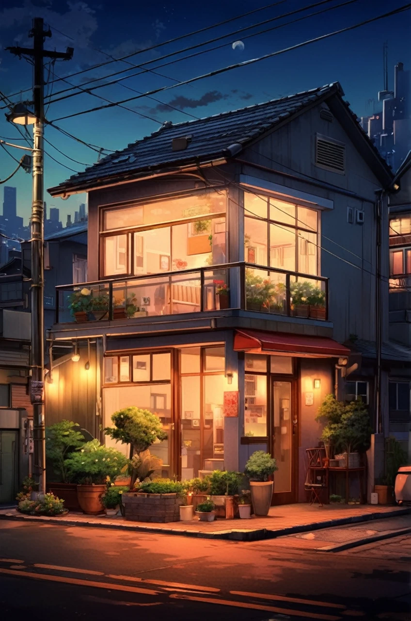 Anime Modern house on heart of Tokyo city in the night, low light, perfect lighting,ultra realistic, high resolution, highly detailed, grass on the front of house, electric pow, moon light behind the house, 