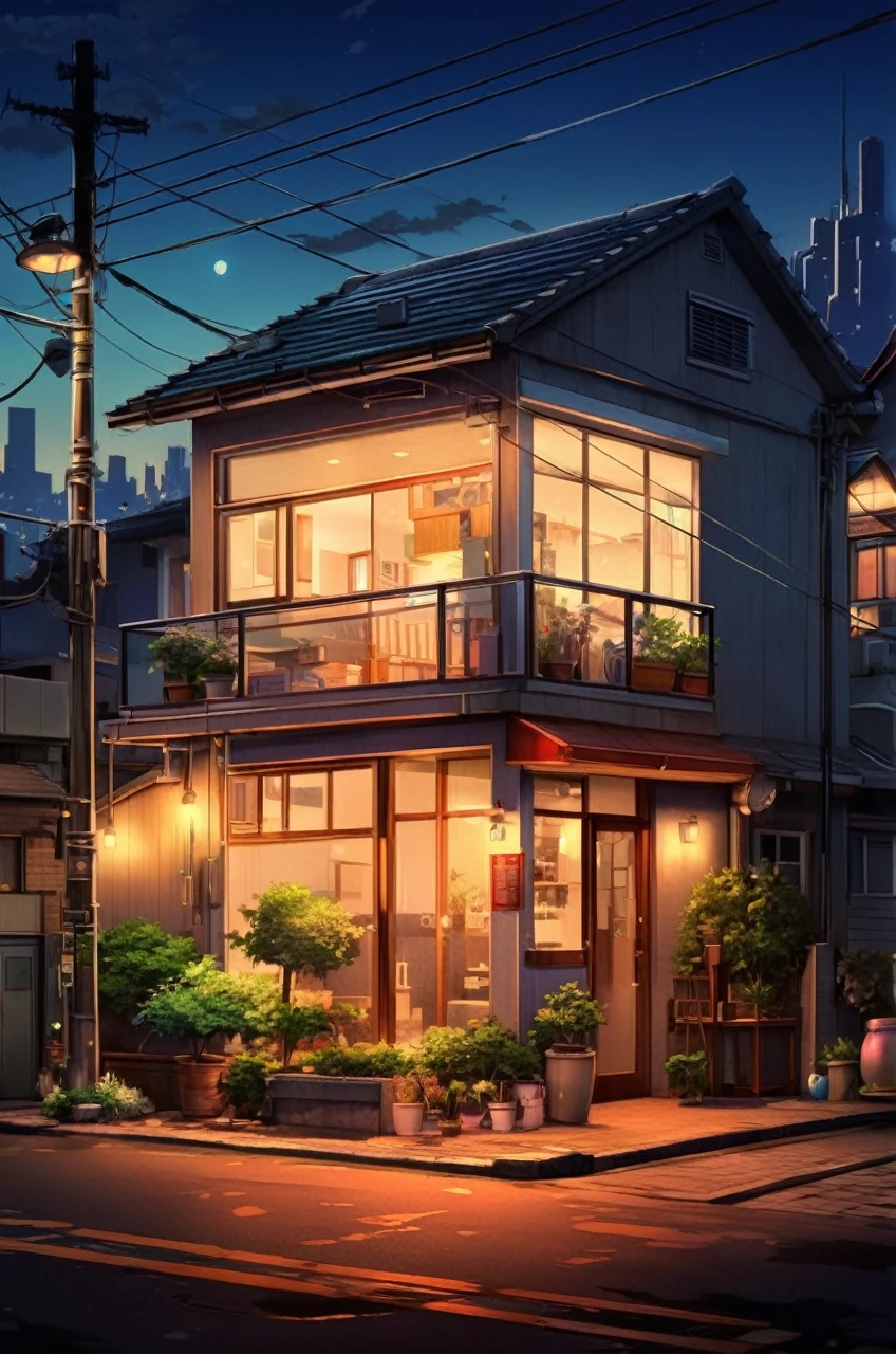 Anime Modern house on heart of Tokyo city in the night, low light, perfect lighting,ultra realistic, high resolution, highly detailed, grass on the front of house, electric pow, moon light behind the house,