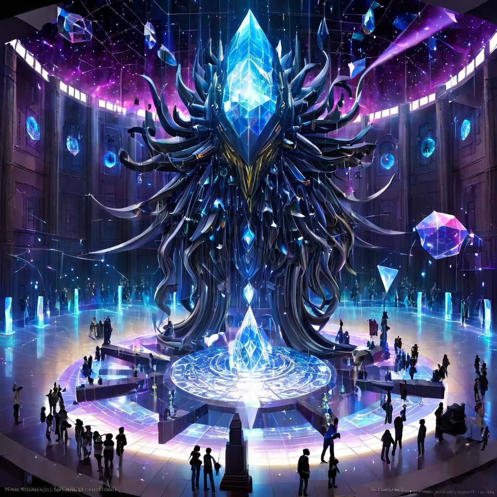 Plasma panel with many graphs, lines, holographs and other complex geometric projections, pulsars bounce off walls, huge gallery of nanotechnological complex, In the center there is a huge statue of an isometric creature, Maximum detail, highest quality