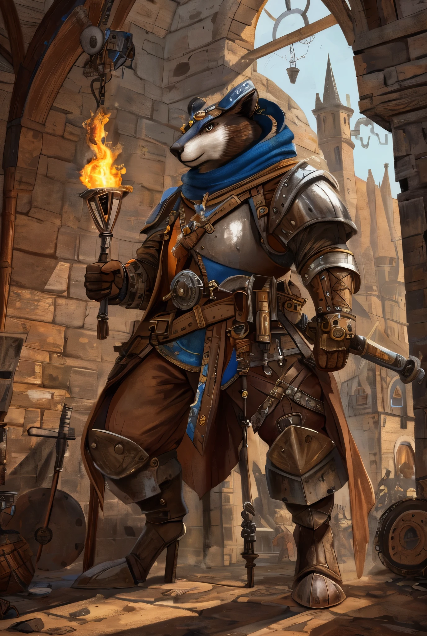 "Create a character in a medieval steampunk setting, using the art style reminiscent of Pokémon. The character is a fierce rival in a turn-based battle game, dressed in a blend of medieval armor with steampunk elements. They wield a weapon that combines traditional and mechanical features, and their expression shows determination and strength. The environment should include a mix of medieval architecture and steampunk machinery, with vibrant, harmonious colors."