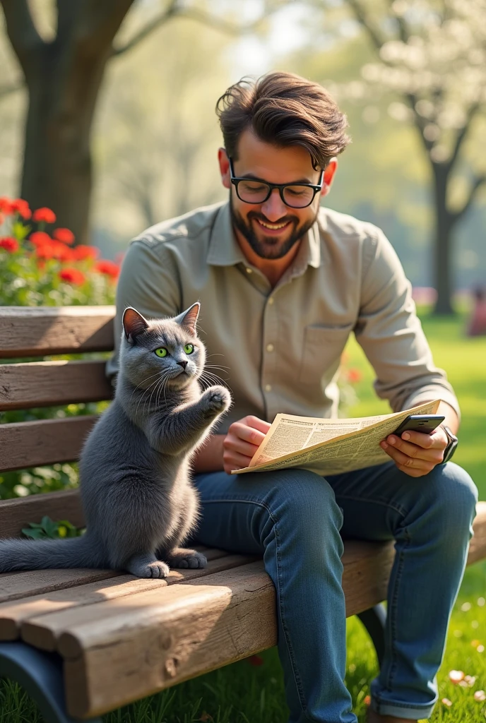 Gray cat sitting on a park bench reading a newspaper next to a man with a cell phone in his hand