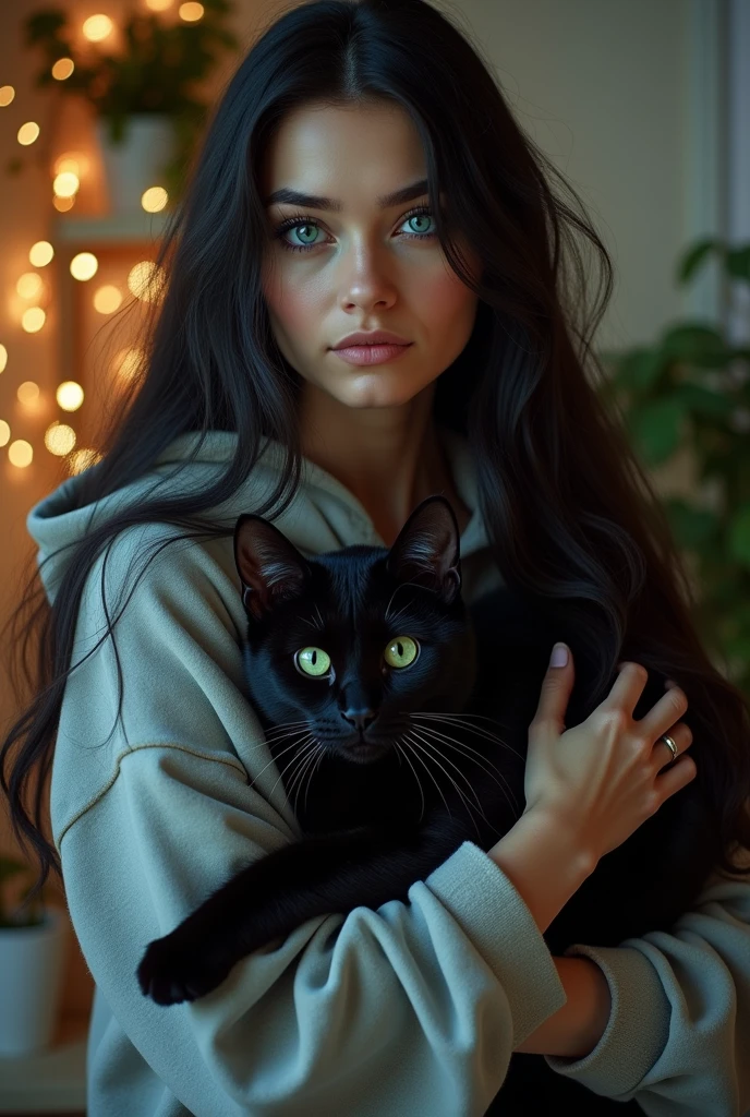  woman with black hair and blue eyes holding a black cat with hodie
