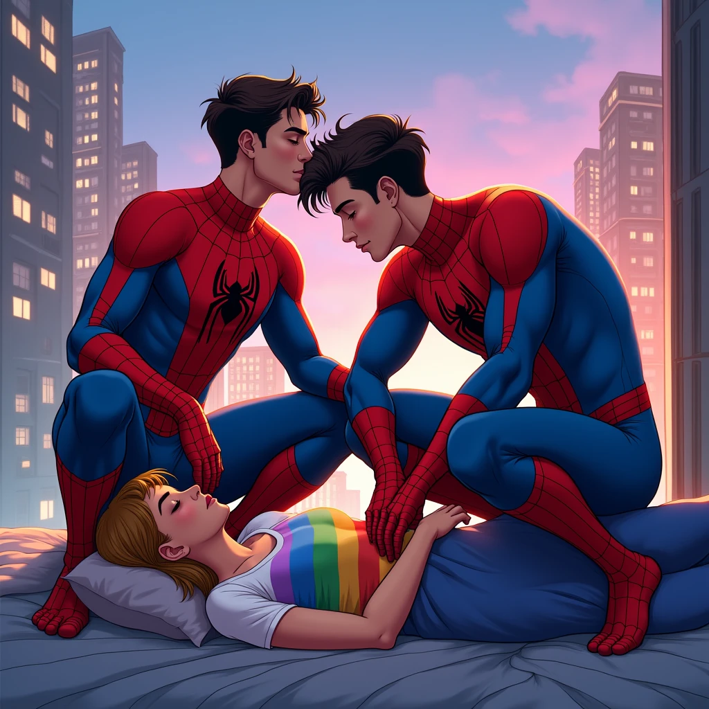 anime art: marvel art style, TWO masculine 20-year-old males with a big bulge, wearing spider superhero outfit , They're squatting down on top of a sleeping woman wearing lgbt shirt
