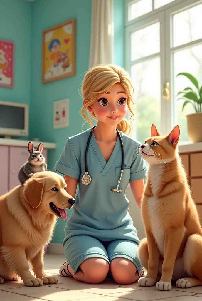 Make a drawing on pixer of a blonde woman with brown eyes taking care of several animals as a veterinarian