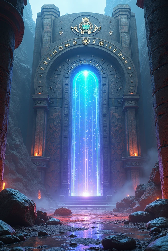 View the unique massive ancient portal environment where technology and magic intertwine in a visually stunning way.,Many Greek words emanating from the mysterious style of buildings.. Focus on those mixed circles and magical runes.. Add elements like glowing crystals and magical energy beams that interact with technology., Creating an atmosphere charged with mysticism and technological decadence. The scene should reflect the fusion of technology and magic., With a colour palette that combines metallic tones., Electric and magical, Show the contrast between technological progress and the post-apocalyptic decay.