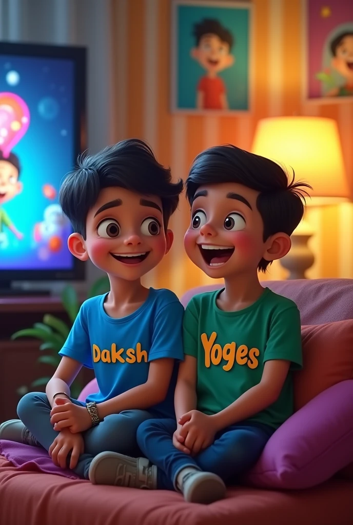 2 friends siting on the chair on watching TV enjoying the shows, one boy name "DAKSH" written on the shirt and another boy name "YOGESH" written on the t shirt 2d cartoon behind the cartoon best friend