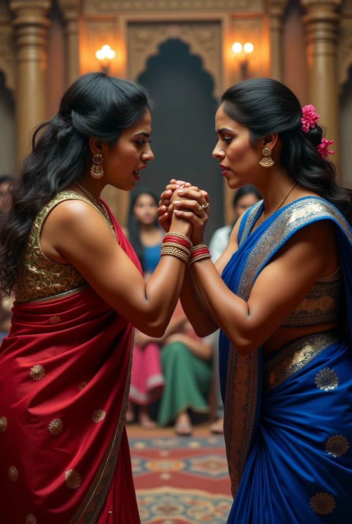 Two women in saree with angry face expression arm wrestling muscles should be seen clearly.