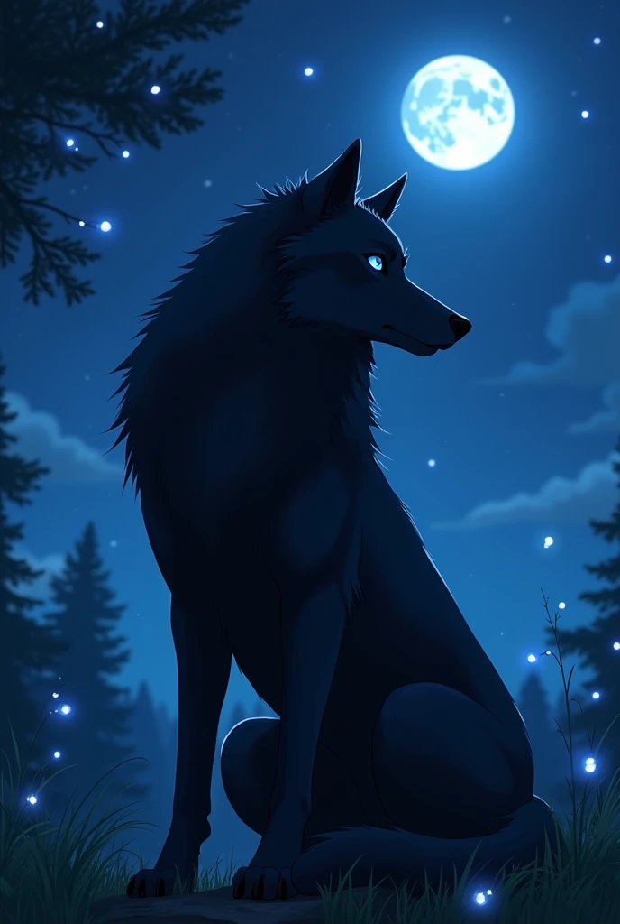 Beautiful black wolf with blue eyes. In the background a nocturnal landscape in nature. The moon is shining. Magical lights fly around. Magical night. Fantasy landscape in the background. Beautiful night. Makoto Shinkai