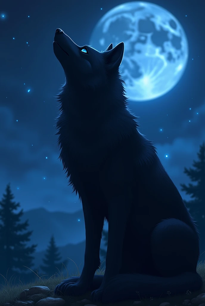 Beautiful black wolf with blue eyes. In the background a nocturnal landscape in nature. The moon is shining. Magical lights fly around. Magical night. Fantasy landscape in the background. Beautiful night. Makoto Shinkai