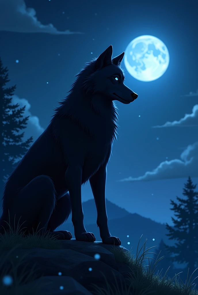 Beautiful black wolf with blue eyes. In the background a nocturnal landscape in nature. The moon is shining. Magical lights fly around. Magical night. Fantasy landscape in the background. Beautiful night. Makoto Shinkai