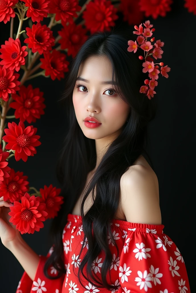 "Beautiful asian woman with long black hair, wearing a red and white design dress, and has flowers in her hair. The woman looked at the camera with a curious expression.. The picture was taken from the front. Image with red flower frame, The background is matte black"