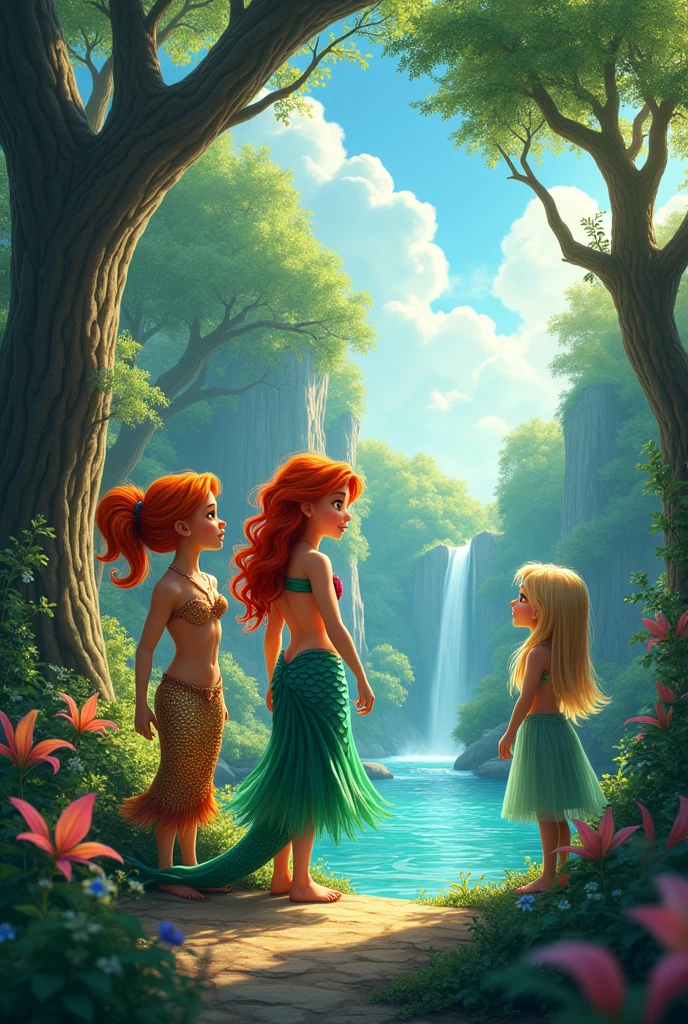 
In the magical forest, three friends, get, The spirit of the forest; Curupira, the guardian of nature; and Iara, the beautiful mermaid, they discovered that the trees were sad. They found Lumina, the fairy of the magic fountain, who explained that the water was drying up because humans cut down too many trees. Iara sang to humans about the beauty of nature, and they committed to planting new trees. Curupira smiled, recognizing the power of friendship and music.