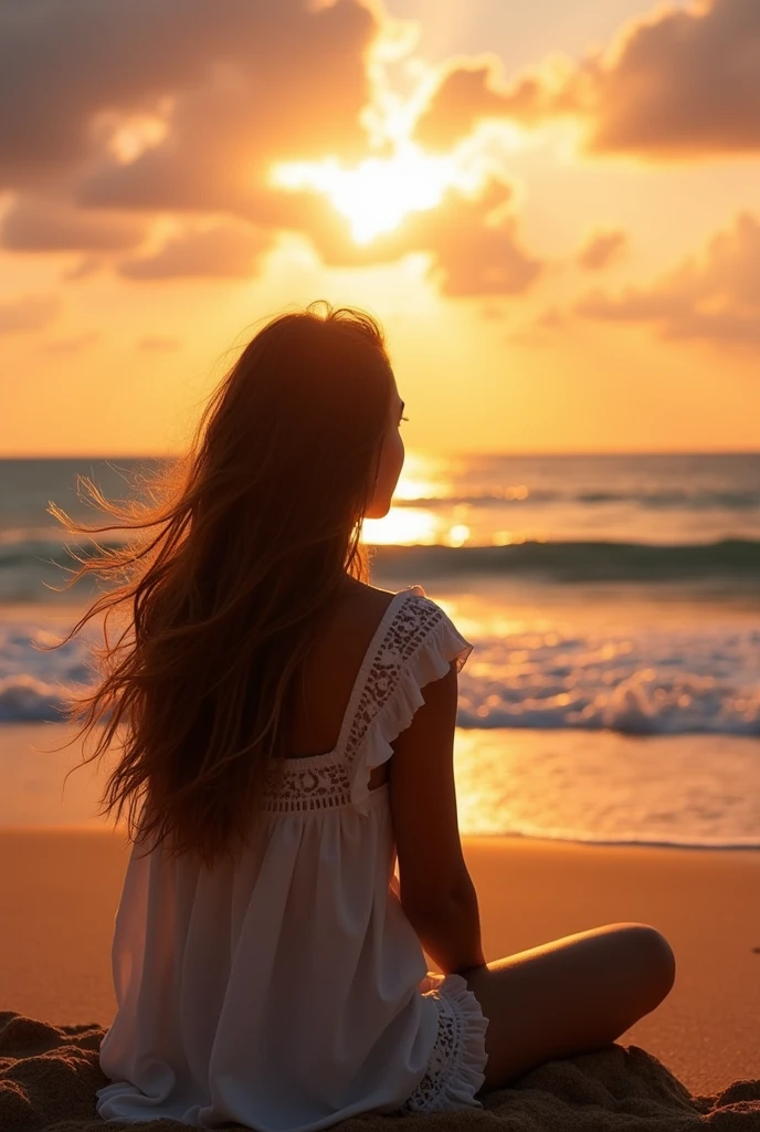 She was sitting on the sand, watching the sea and the sunset. She felt confused about everything in her life, but the certainty that there would always be a wave in the sea reassured her.