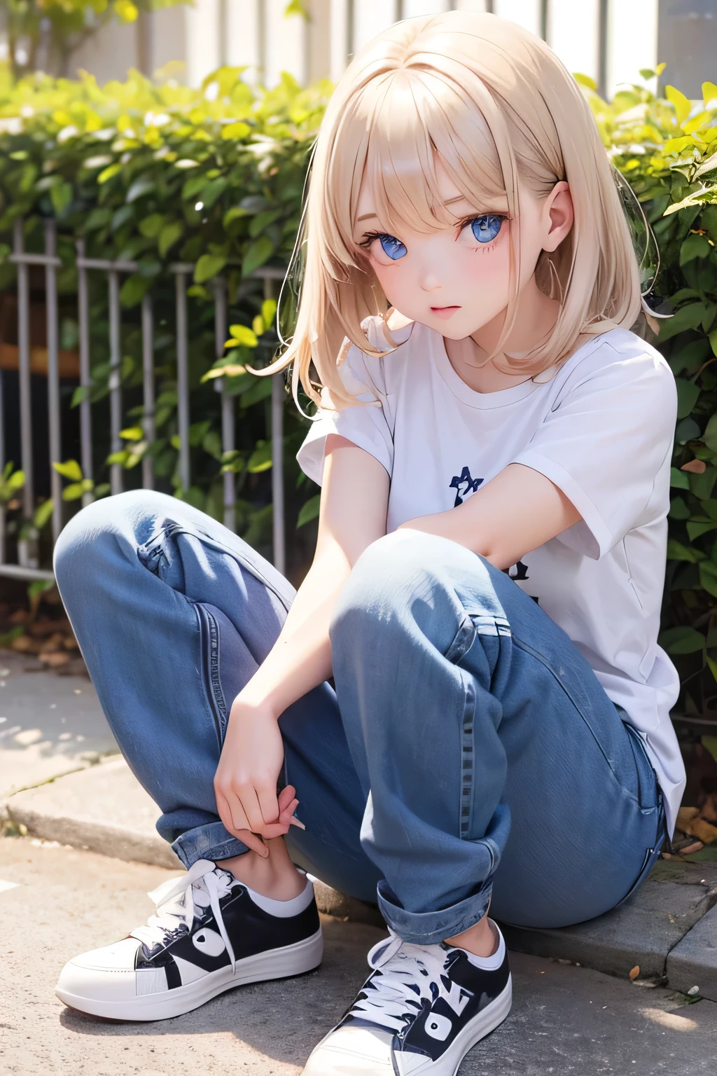 A girl, beautiful, ear, bangs, shirt, frill, denim, blue eyes, sneakers