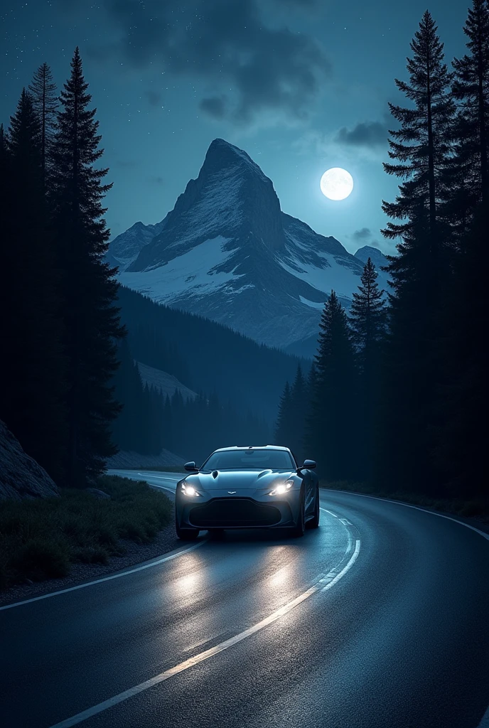 Une voiture roulant en direction d'une montagne en pleine nuits