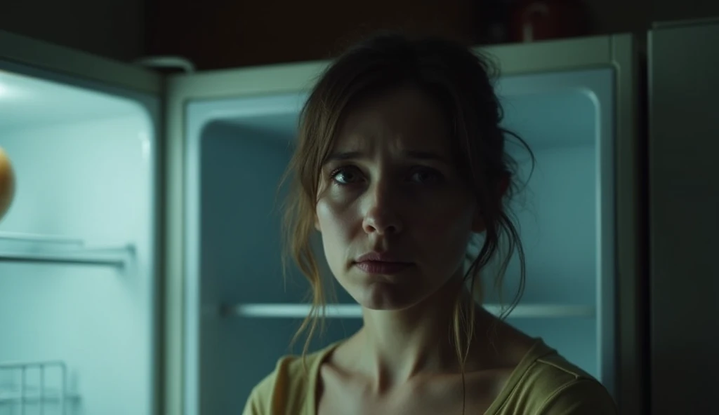 woman looking sad in front of empty refrigerator despairs Close up
Tip: she looks at the camera crying Camcorder