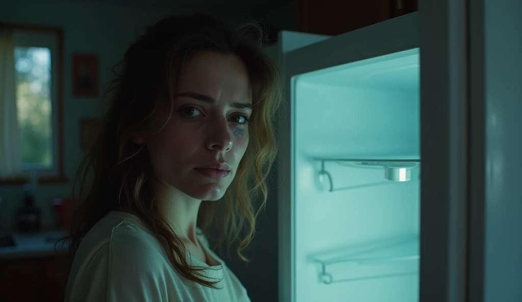 woman looking sad in front of empty refrigerator despairs Close up 
Tip: she looks at the camera crying Camcorder