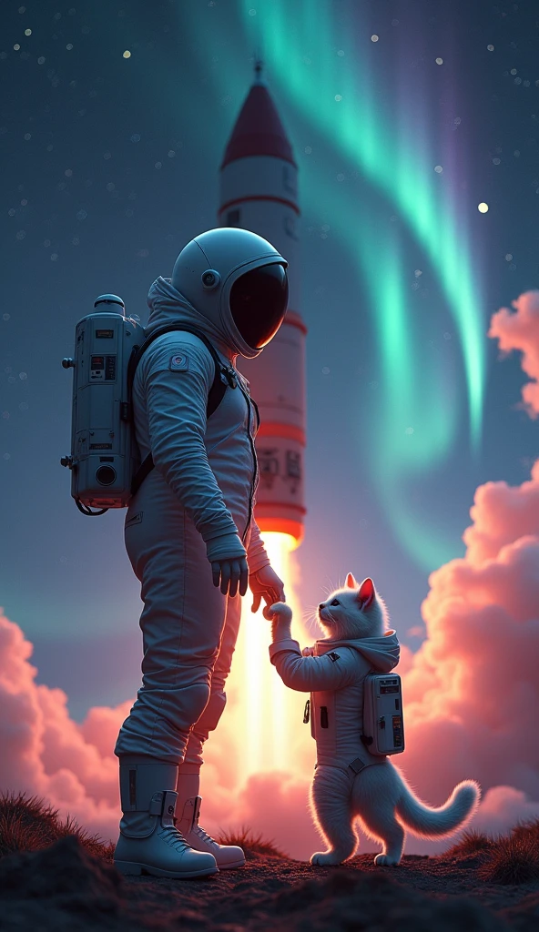 create loop video of the astronaut and the white cat in space suit start the engine of the rocket leaving the world behind to the other galaxy, among the aurora  and many stars, sci-fi fantasy, realistic, cinema, frame ratio 9:16