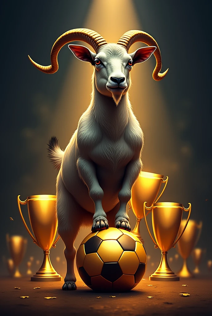 Logo of a goat stepping on a golden soccer ball and with trophies behind it