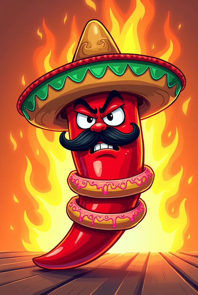 angry red chili with a mustache and a Mexican hat with a donut gummy around his body with flames behind in a cartoon drawing