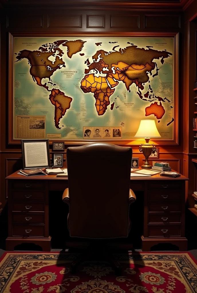 Office with the walls lined with maps and memorabilia of mafia king reign.